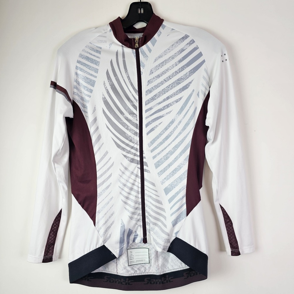 Santic Womens Cycling Jersey M Long Sleeve Full Zip Pockets White Burgundy Leaf